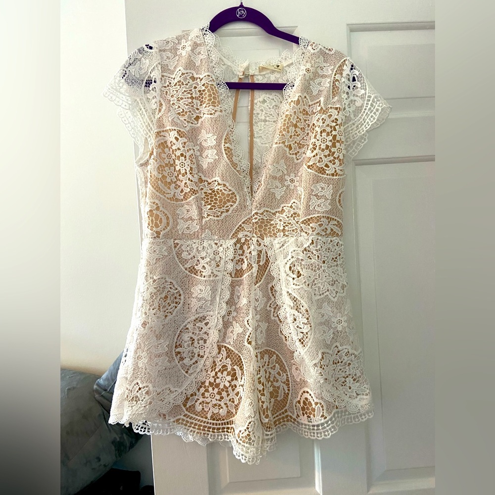 Promesa white lace crochet romper bridal bachelorette wedding rehearsal Large